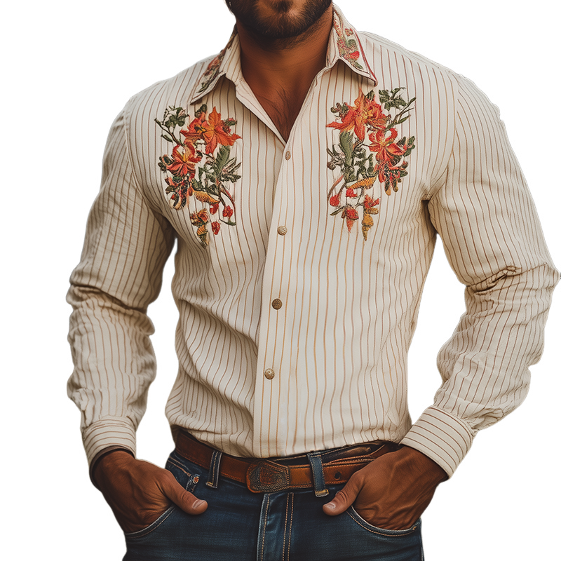 Men's Vintage Casual Floral Embroidery Striped Lapel Long Sleeve Shirt MTA2575G6TO