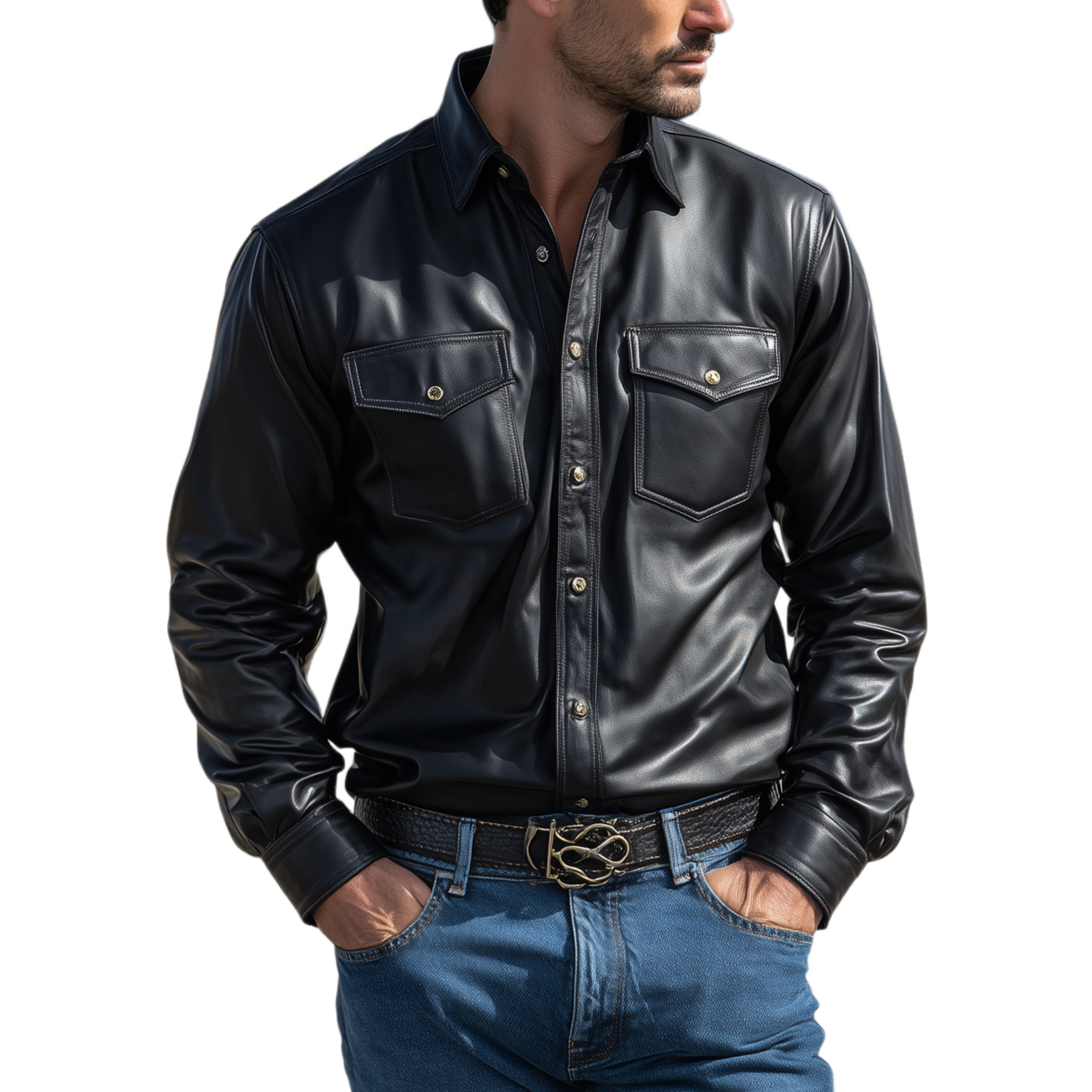 Men's Classic Fashion Casual Pu Leather Lapel Long Sleeve Shirt MTA0252H3K