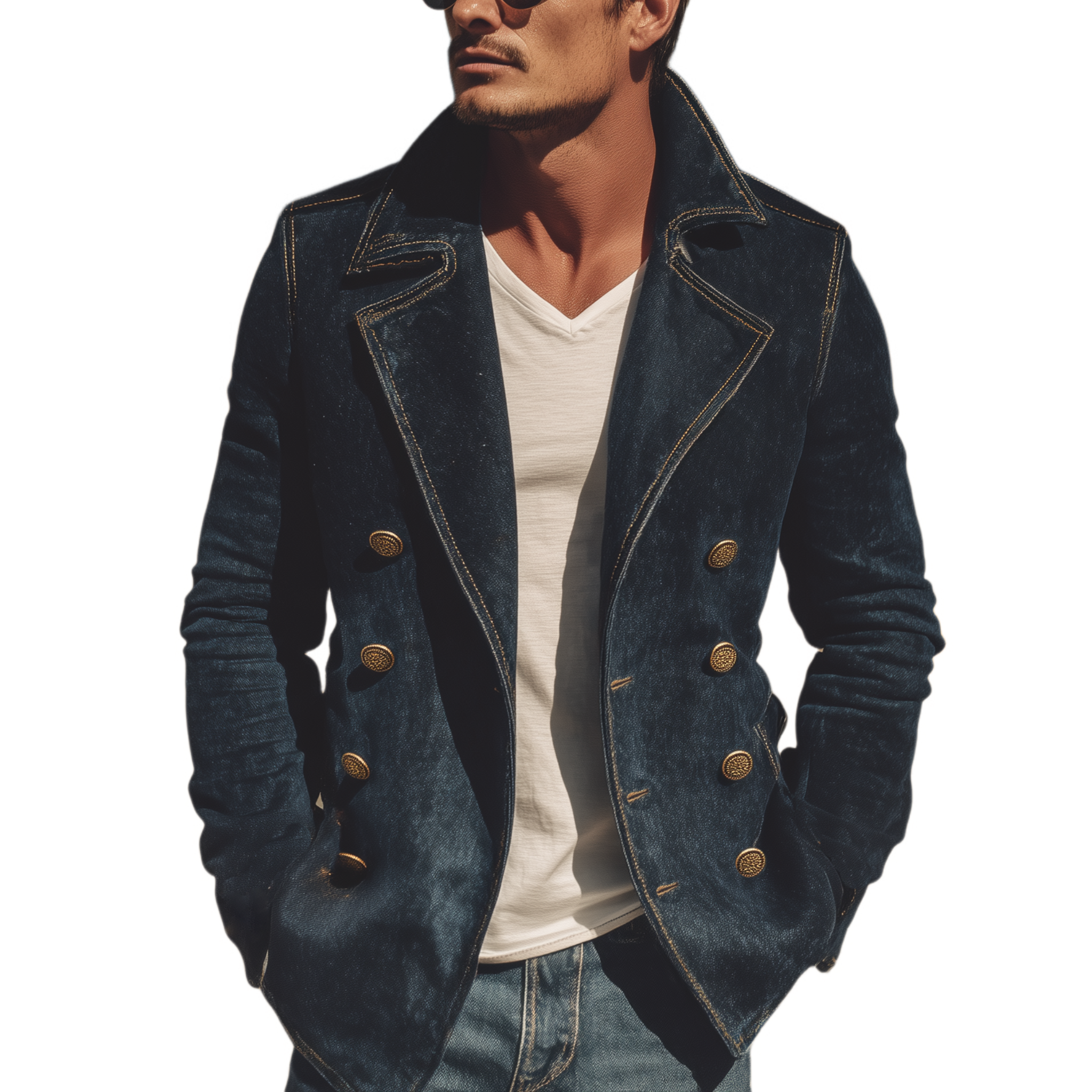 Men's Classic Retro Western Style Washed Denim Double-breasted Slim Fit Jacket MTA0821H3K