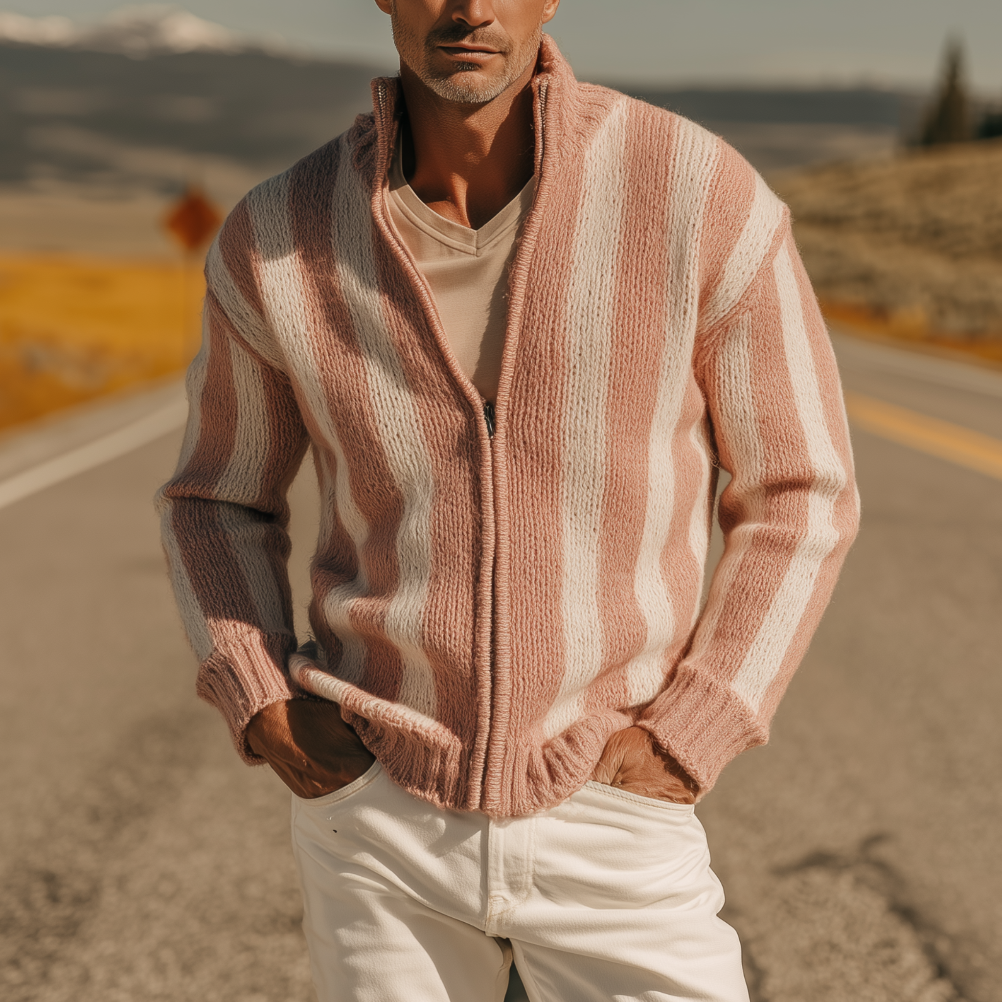 Men's Classic Casual Western Tough Style Stand Collar Zipper Striped Knitted Cardigan MTA0854I7K
