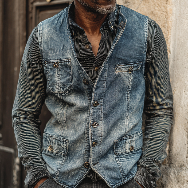 Men's Vintage Washed Denim Round Neck Single Breasted Fake Pockets Vest MTA2153H8Z