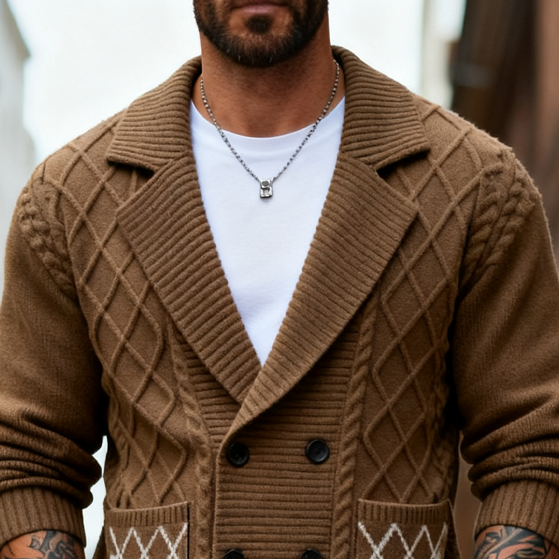 Men's Knitted Diamond Jacquard Textured Collar Cardigan MTA2930J0X