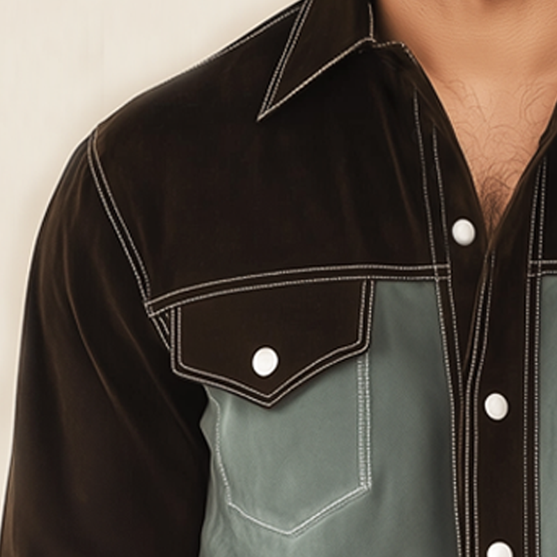 Men's Autumn Retro Colorblock Suede Long Sleeve Shirt MTA0701H0U