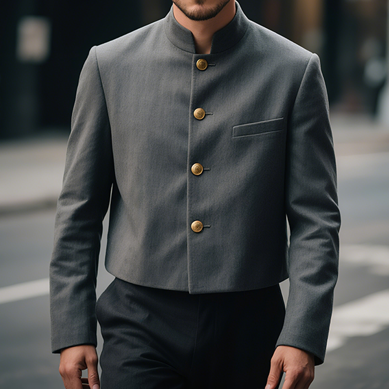 Men's Retro Casual Stand Collar Cropped Single Breasted Blazer MTA0750G8TO