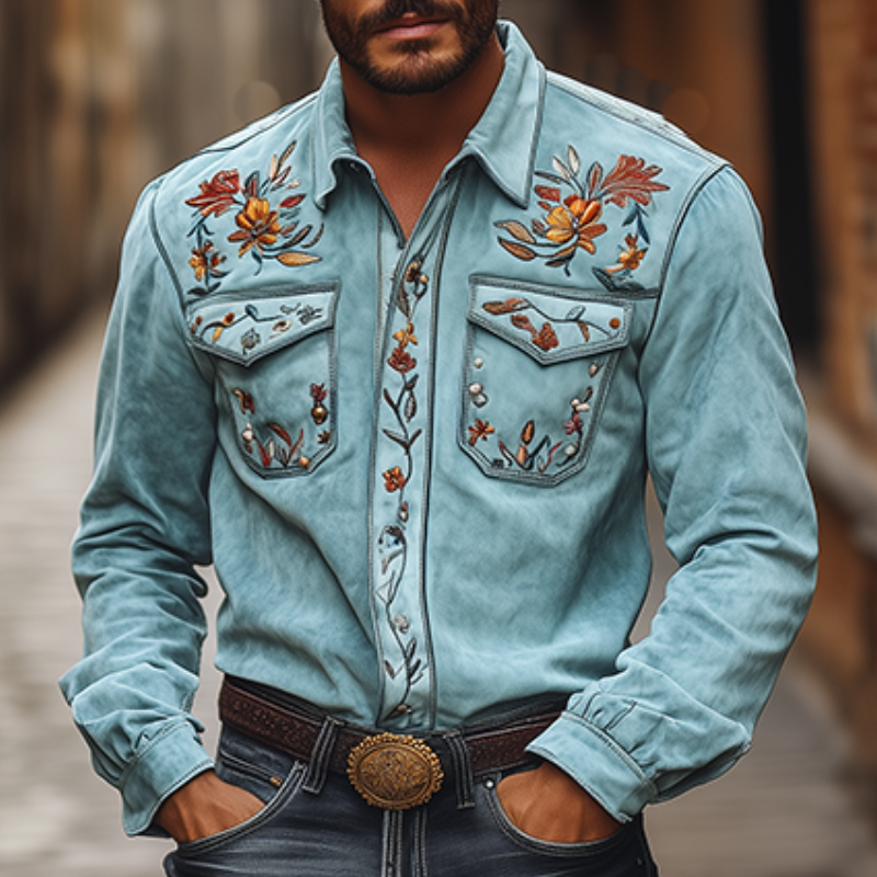 Men's Classic American Retro Western Suede Embroidered Shirt 54064779K