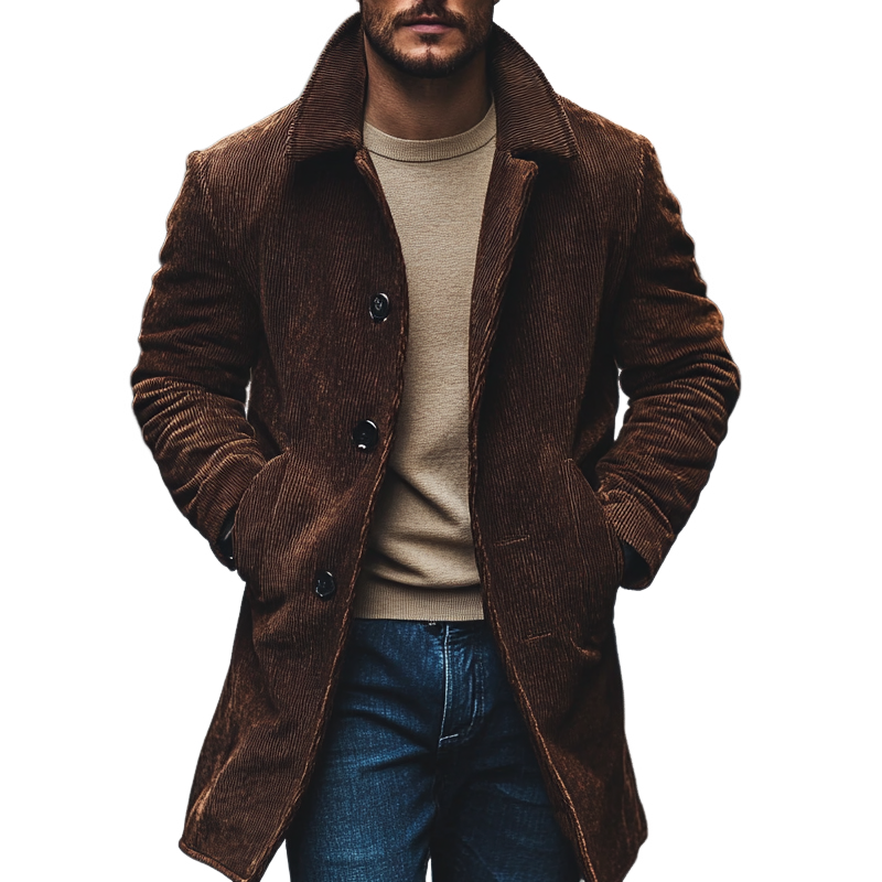 Men's Vintage Solid Color Corduroy Lapel Mid-length Coat MTA1141J9X
