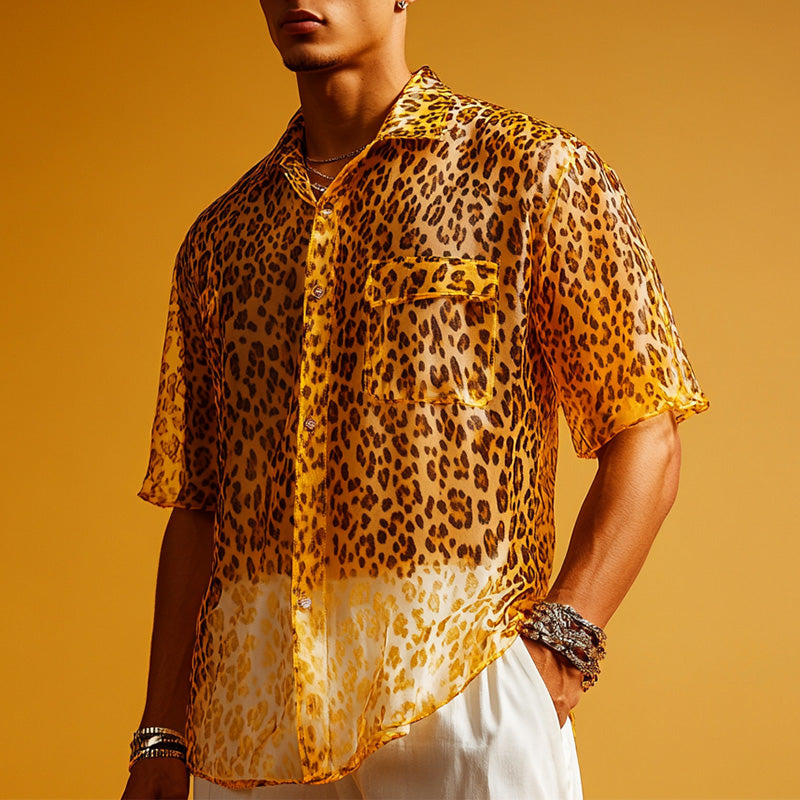 Men's Summer Cool Breathable Leopard Print Organza Short Sleeve Shirt MTA2770E8P