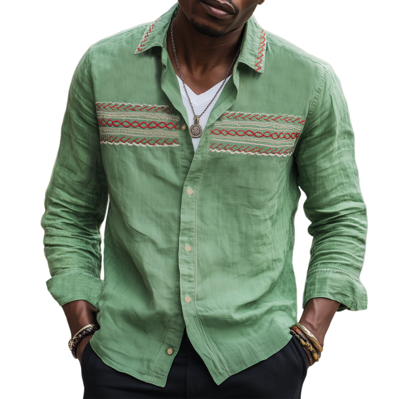 Men's Vintage Cotton And Linen Embroidered Long Sleeve Shirt MTA2552H4U