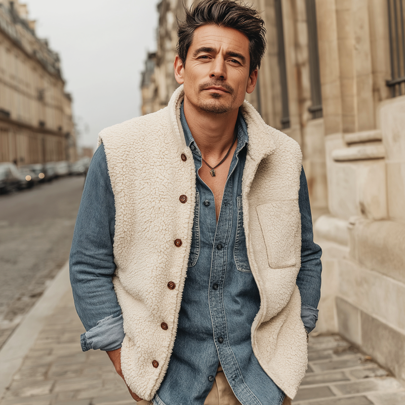 Men's Urban Warm Faux Lambskin Stand-collar Button-up Vest MTA0163L4U