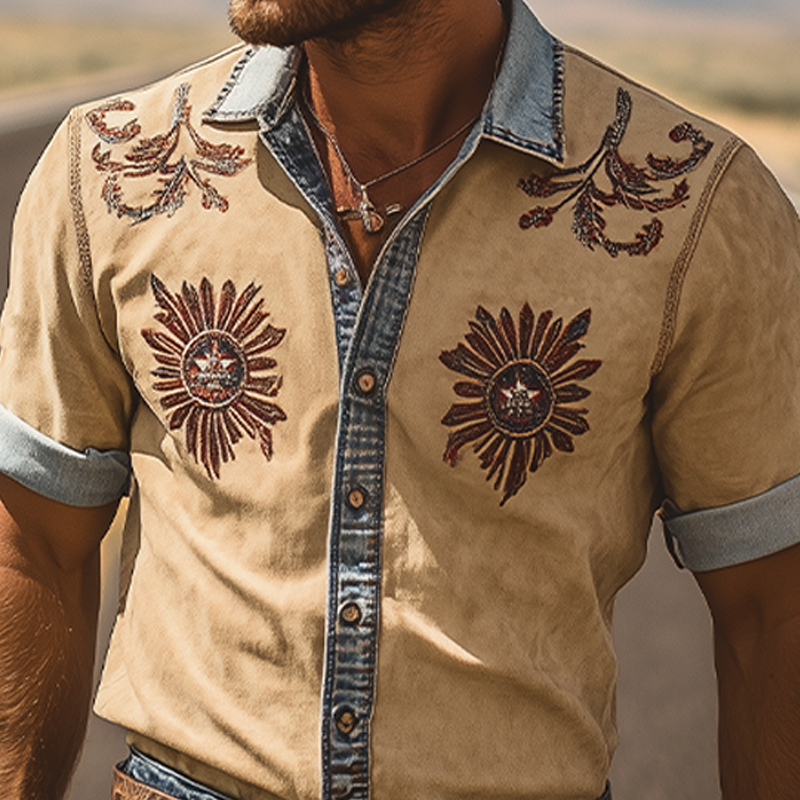 Men's Summer Fashion Retro Western Cowboy Style Denim Stitching Suede Embroidery Short-sleeved Shirt MTA2824D8K