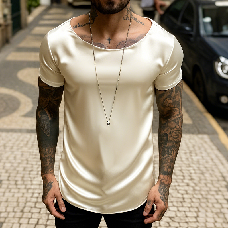Men's Retro Casual Satin Round Neck Elastic Short Sleeve T-Shirt MTA2242G5TO