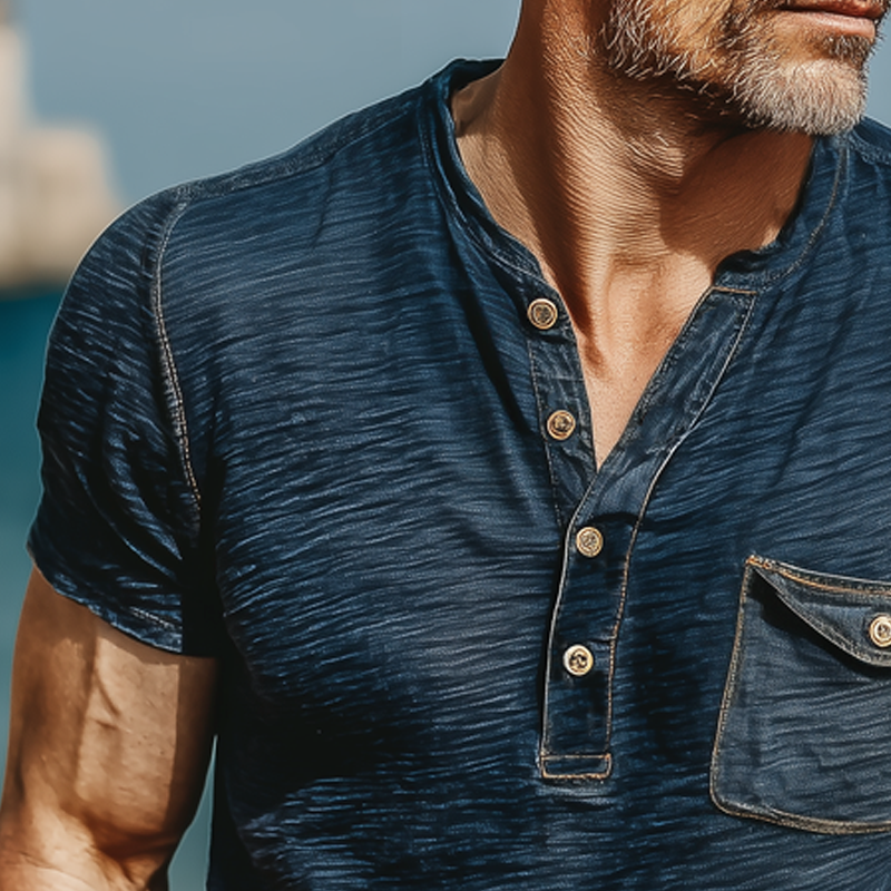 Men's Summer Classic Henley Collar Textured Short Sleeve T-Shirt MTA0257G3U