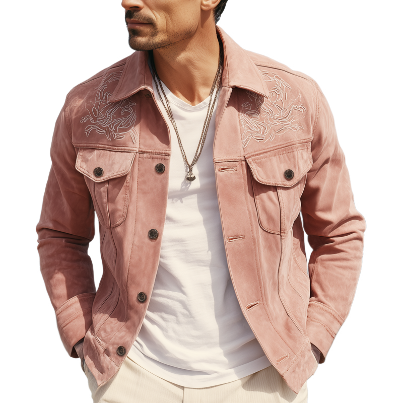 Men's Vintage Embroidered Light Pink Suede Jacket MTA0688H2U