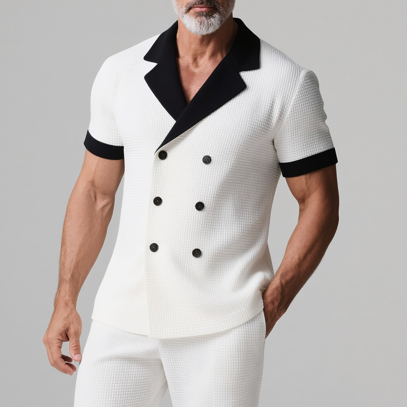 Men's Colorblock Notch Lapel Double Breasted Short Sleeve Blazer MTA2483G1Z