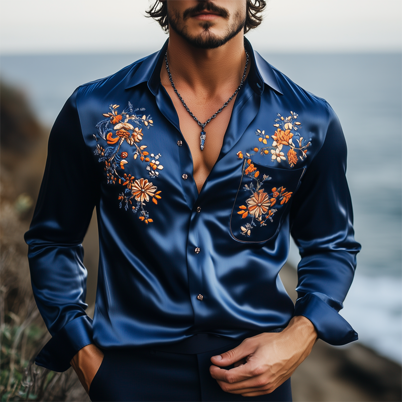 Men's Classic Satin Floral Embroidered Long Sleeve Shirt MTA3129G9U