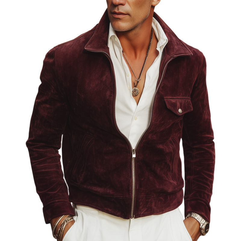 Men's Vintage Burgundy Suede Zipper Lapel Jacket MTA1614H5U