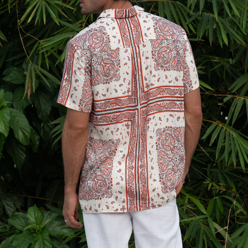 Men's Summer Vintage Tencel Cotton Printed Lapel Short Sleeve Shirt MTA0293G7K
