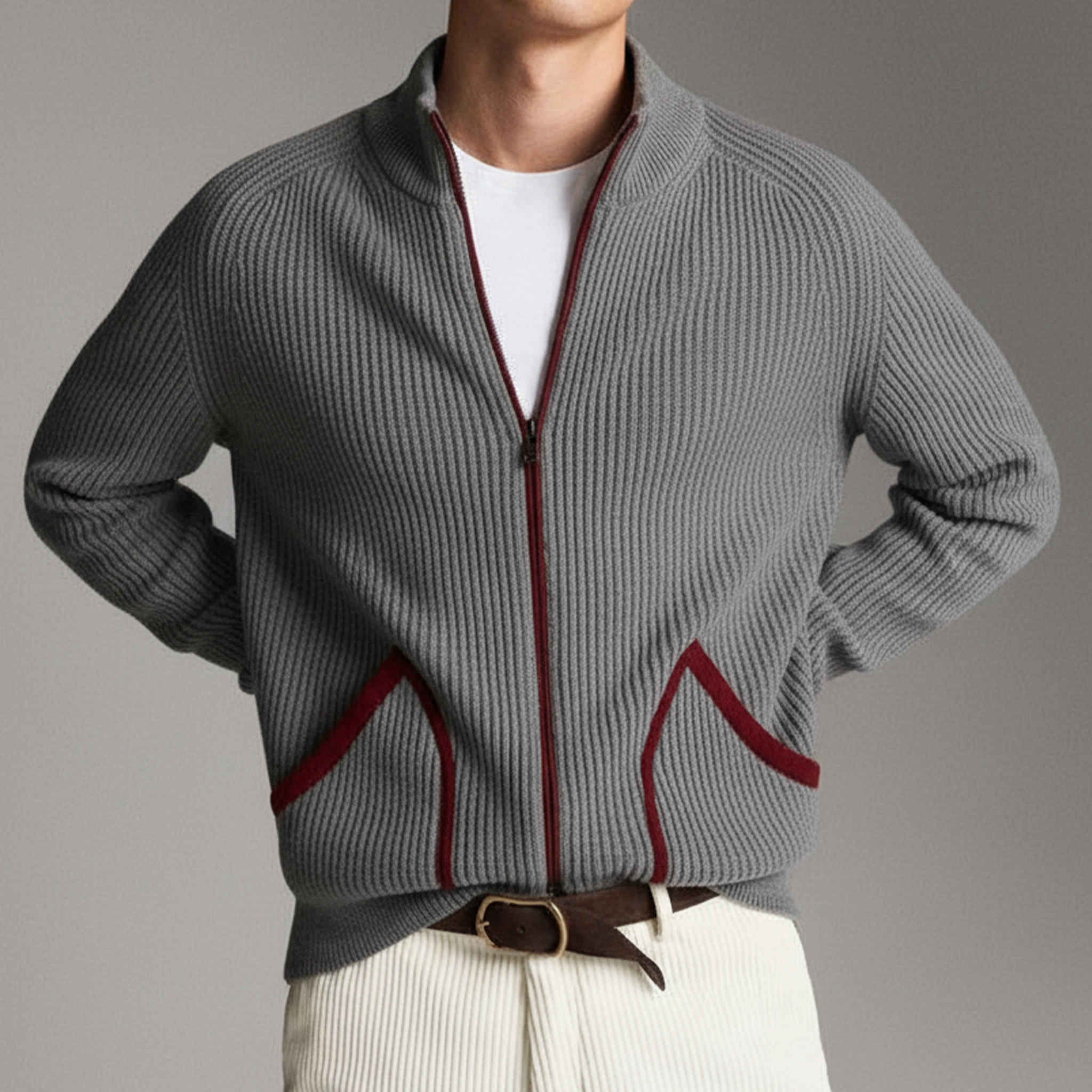Men's Classic Casual Stand Collar Pocket Zipper Knit Cardigan MTA2153J4K