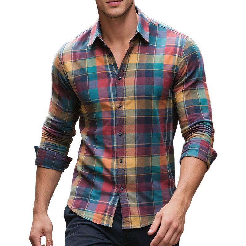 Men's Retro Casual Color Plaid Print Lapel Long Sleeve Shirt MTA1182H0TO