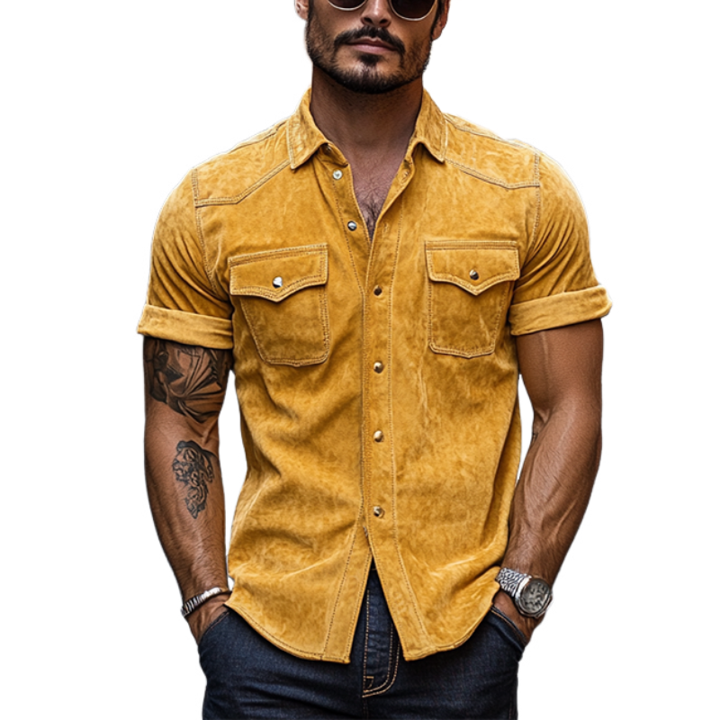 Men's Classic Retro Western Fit Multi-Pocket Suede Rolled Hem Short Sleeve Shirt 03623865K