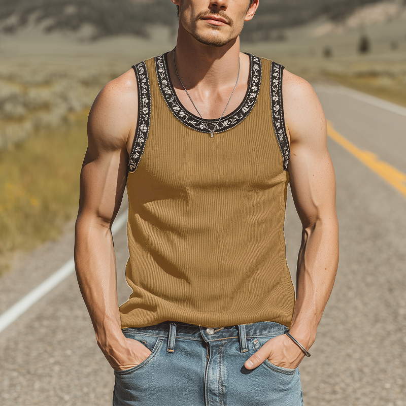 Men's Spring And Summer Fashion Casual Striped Texture Fabric Embroidery U-neck Slim Tank Top MTA1113G0K