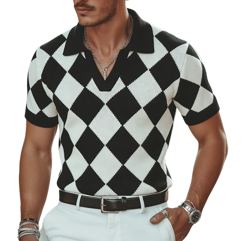 Men's Retro Casual Diamond Pattern Knit Short-Sleeve Polo Shirt MTZ1453A8TO
