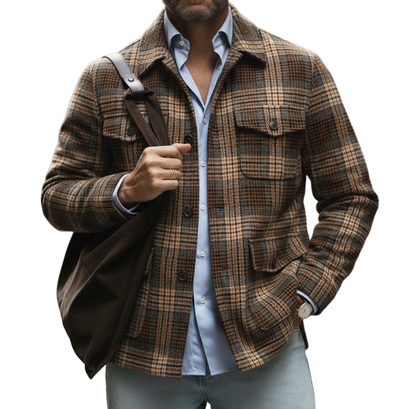Men's Autumn/Winter Retro Business Plaid Brushed Faux Woolen Long-Sleeved Shirt MTA1177L9U