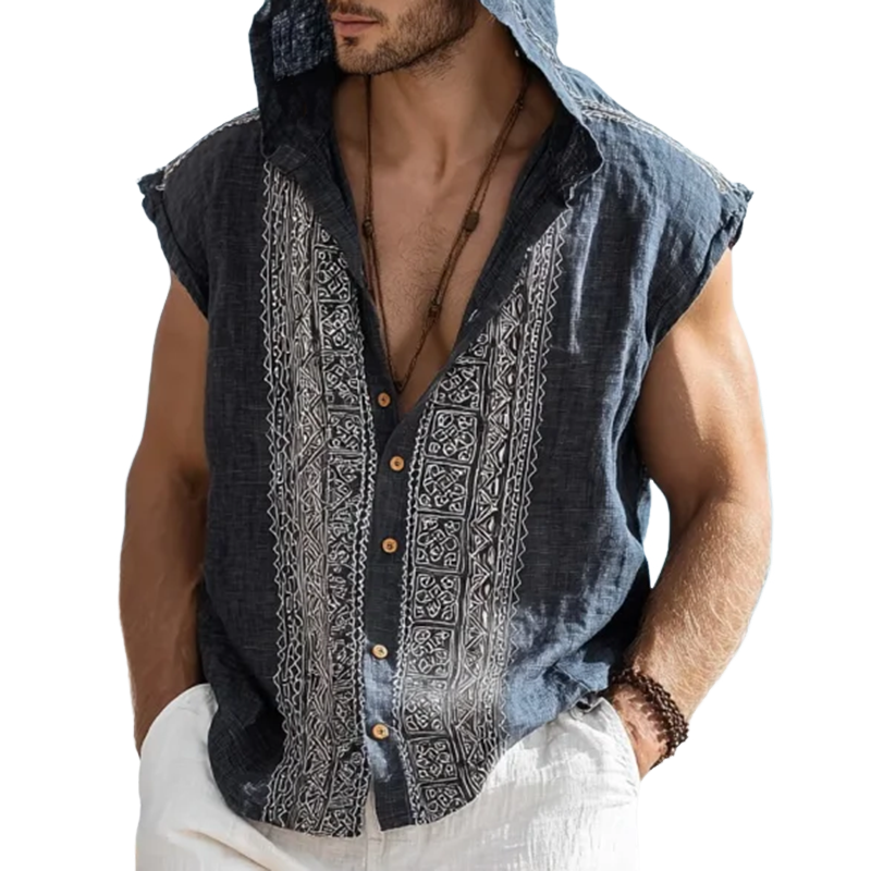 Men's Embroidered Single Breasted Hooded Sleeveless Shirt MTA0481G5Y