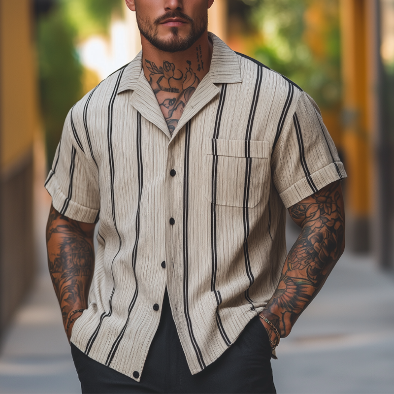 Men's Loose Casual Striped Printed Short Sleeve Shirt MTA2072F6X