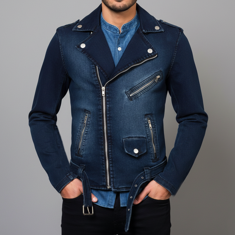 Men's Vintage Faded Distressed Notched Lapel Zipper Denim Jacket MTA1096J9U