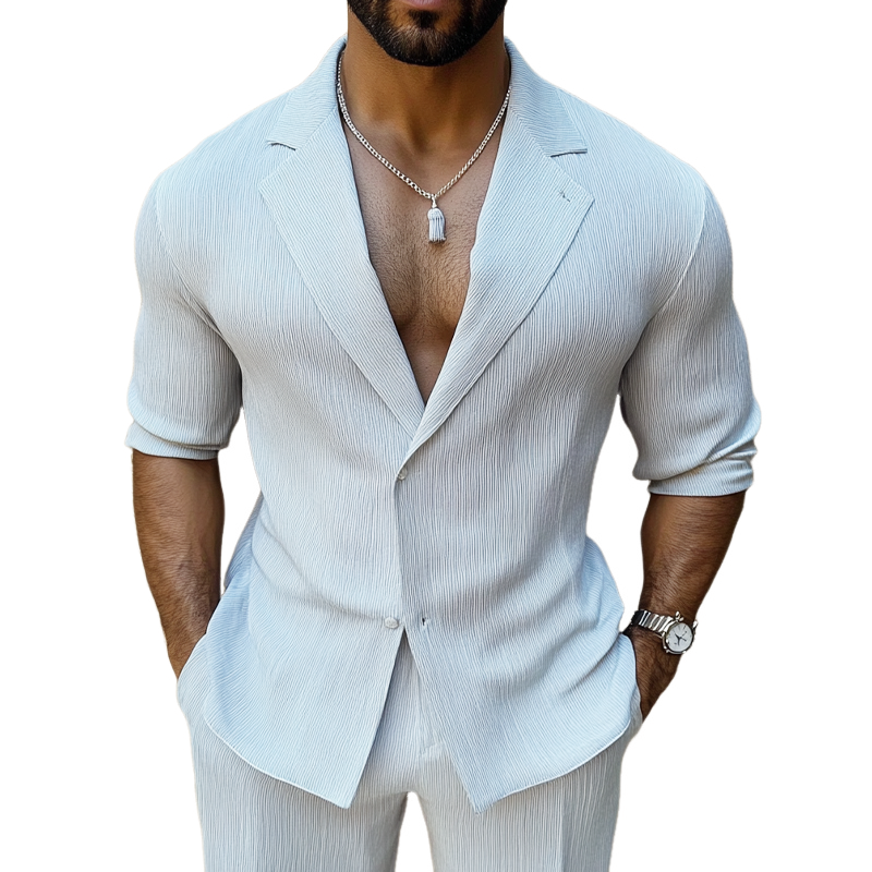 Men's Solid Color Striped Suit Collar Long Sleeve Shirt MTA3113G2X
