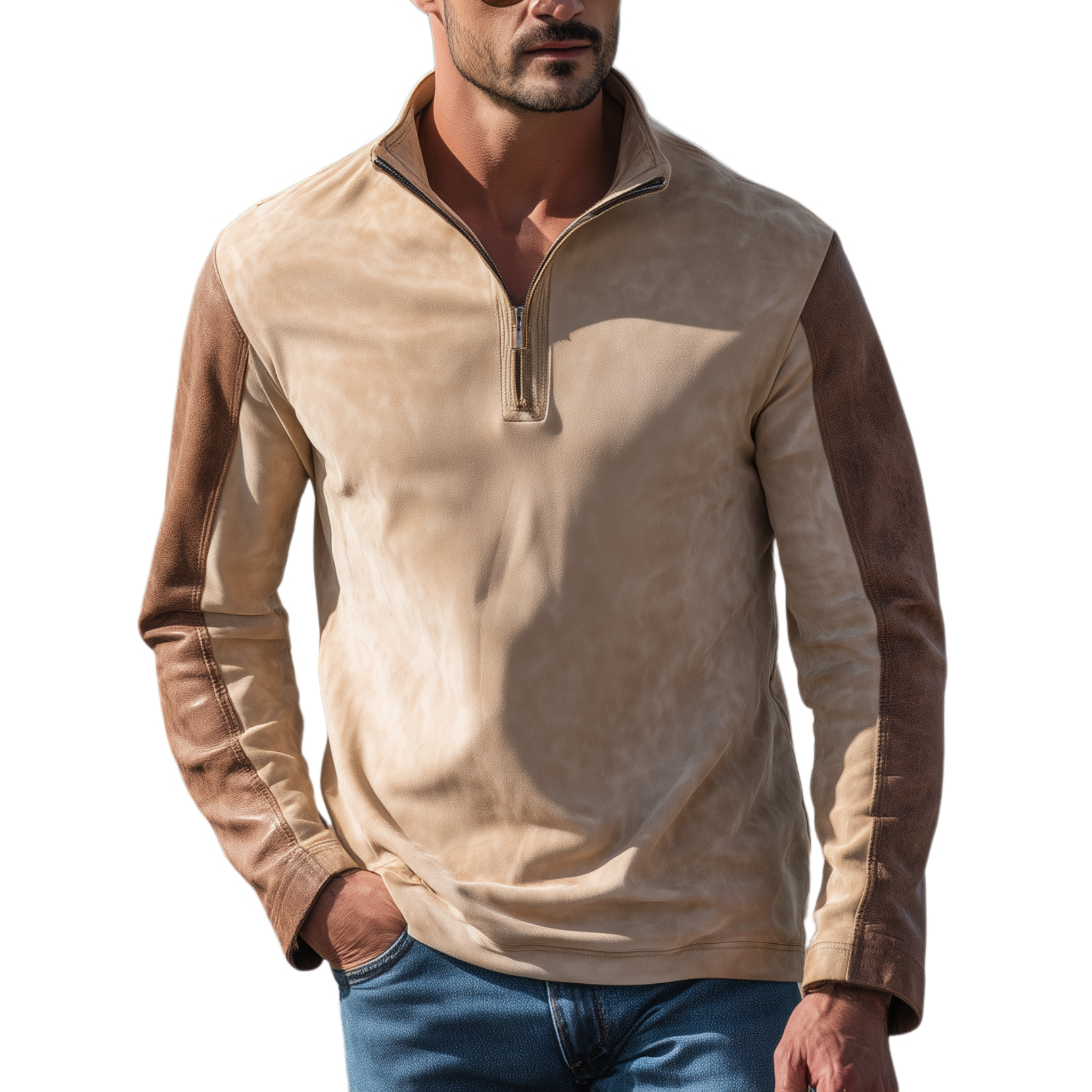 Men's Classic Retro Western Style Sleeves Stitching PU Leather Stand Collar Suede Long-sleeved T-shirt MTA1907H4K