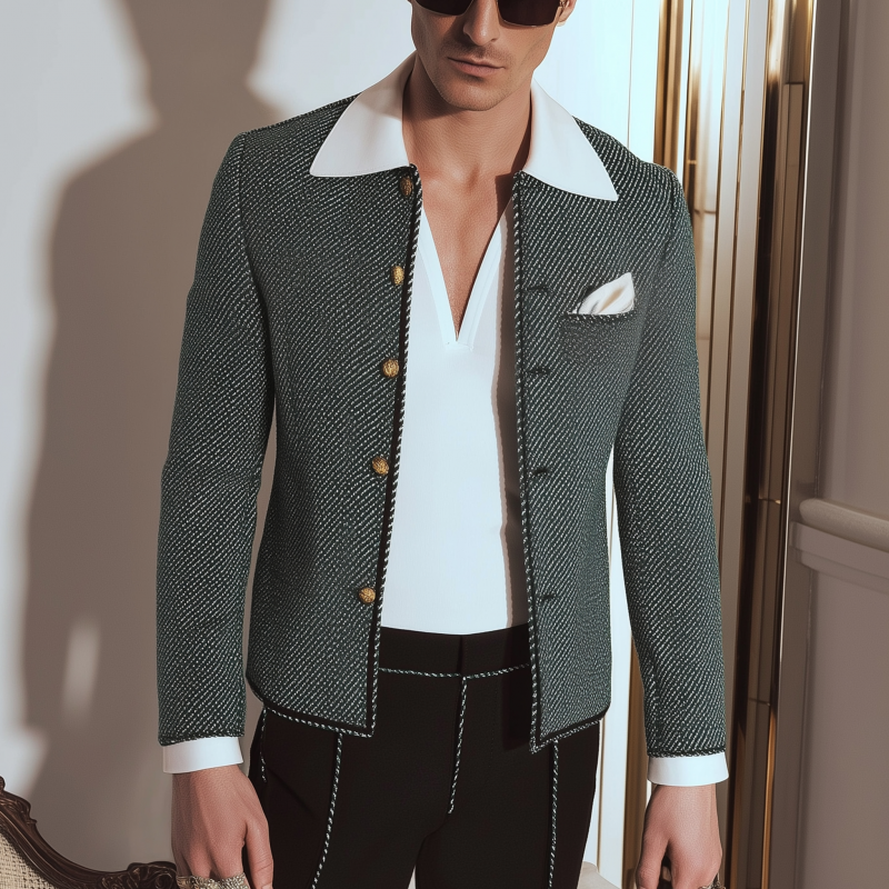 Men's Vintage Fashion Twill Jacquard Contrast Color Trim Round Neck Single Breasted Slim Box Jacket MTA2211G8M