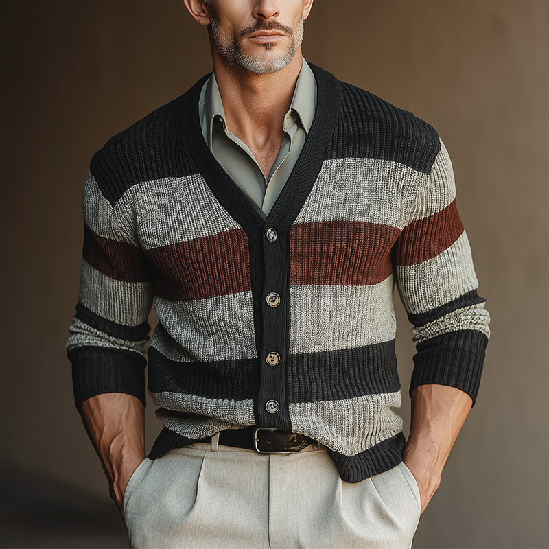 Men's Autumn Fashion Contrast Stripe Knitted Sweater Cardigan MTA1644I4P