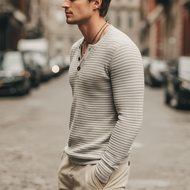 Men's Casual Light Grey V-neck Knitted Plaid Textured Sweater MTA2833I8U