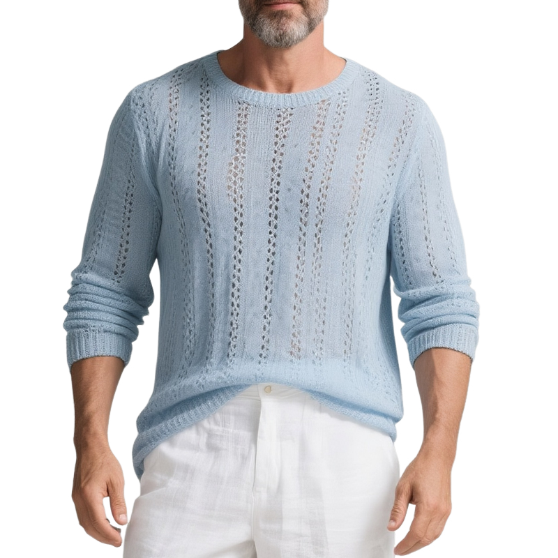 Men's Solid Color Hollow Out Knit Round Neck Long Sleeve Sweater MTA2863G9Z