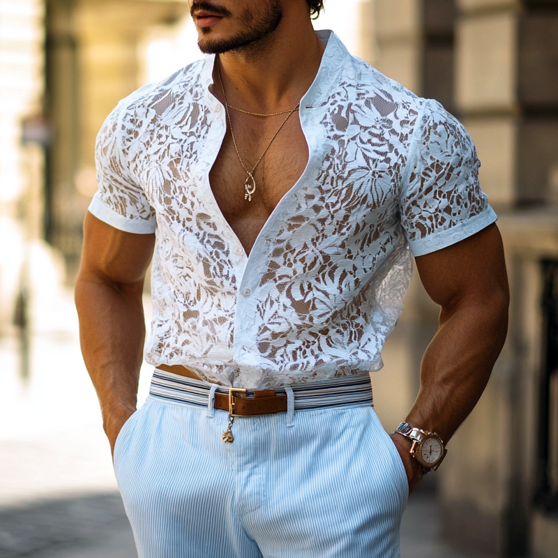 Men's Fashion Lace Stand Collar Short Sleeve Casual Shirt MTA1226E5Z