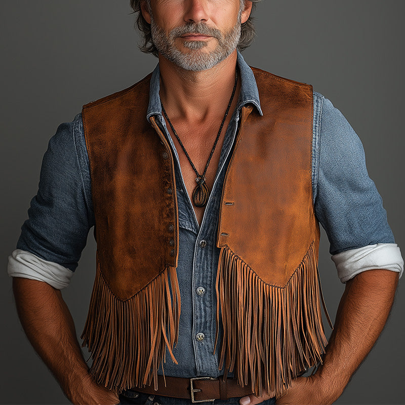 Men's Summer Western Cowboy Style Leather Tassel Vest MTA2995D9P