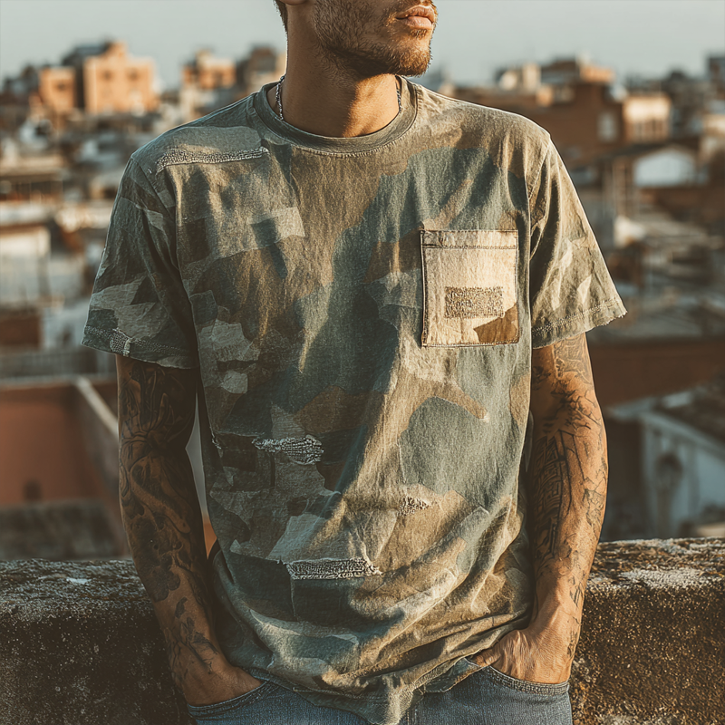 Men's Retro Camouflage Printed Round Neck Short Sleeve T-Shirt MTA1939F5X