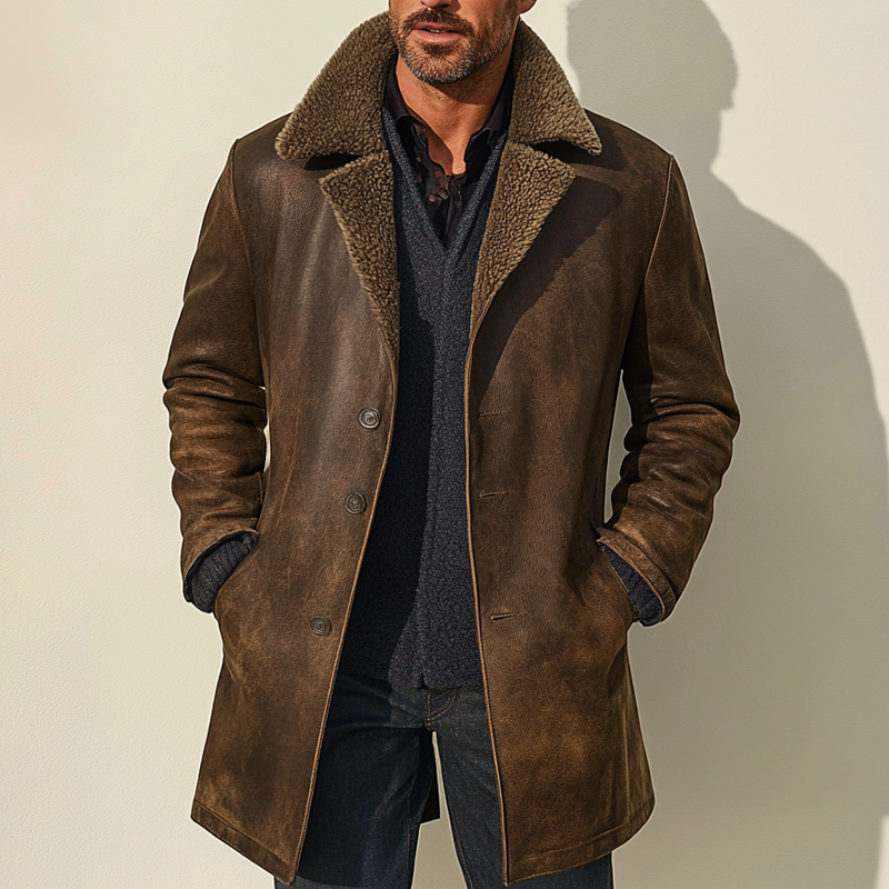 Men's Retro Distressed Faux Leather Collar Patchwork Fleece Mid-Length Coat MTA1530K0X