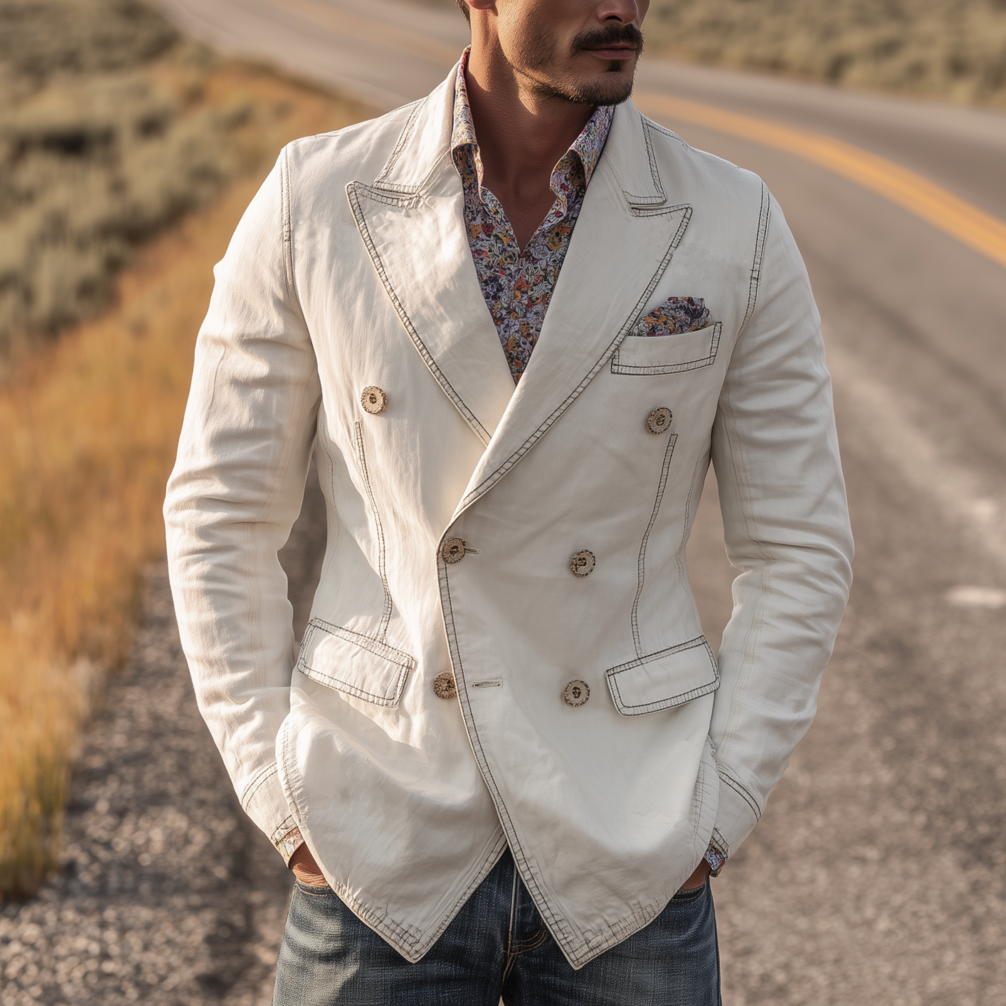Men's Classic Vintage Washed Denim Double-breasted Slim-fit Blazer MTA0820H3K
