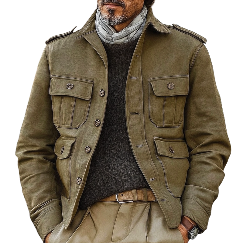 Men's Vintage Distressed Multi-pocket Button-down Work Jacket MTA2926H3U