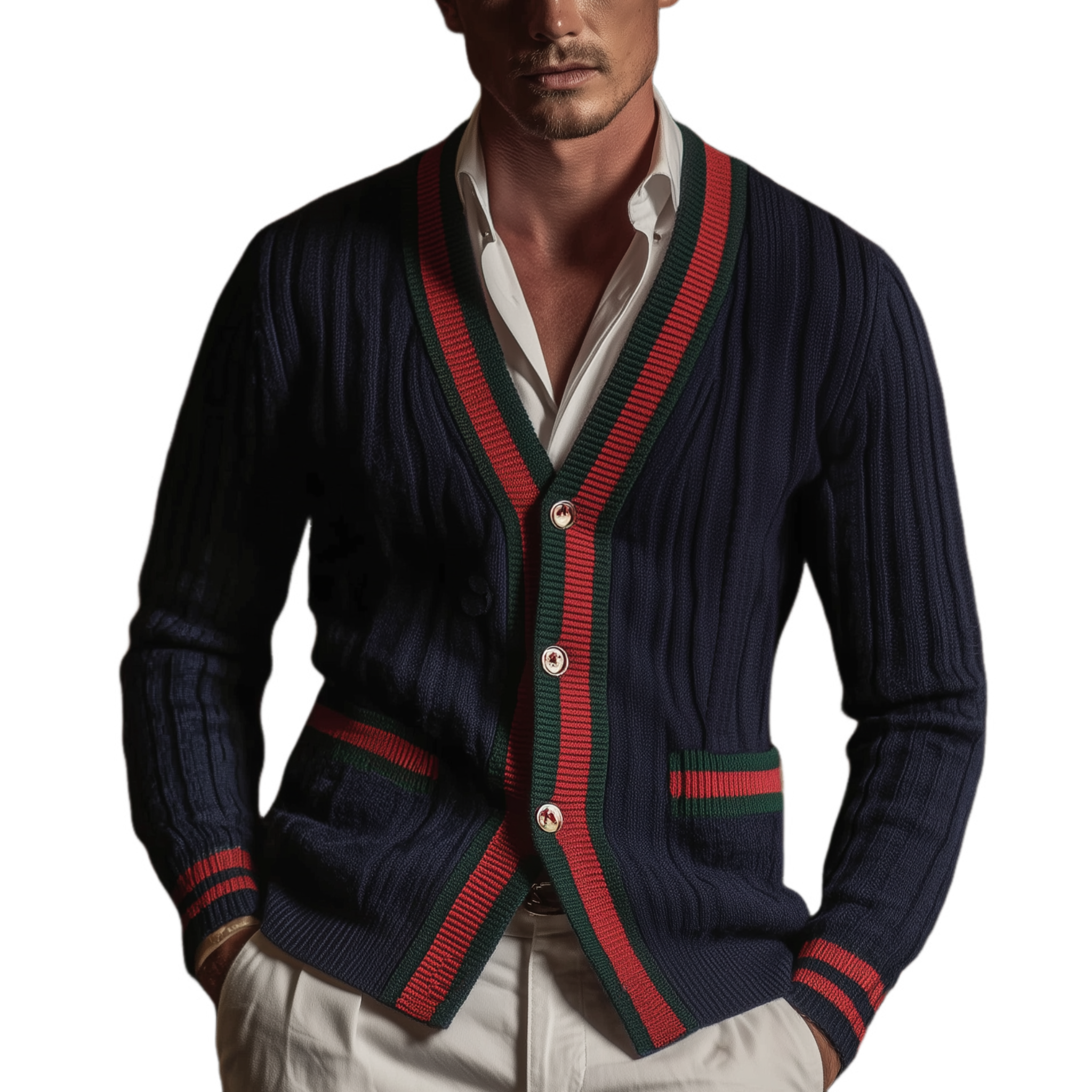 Men's Classic Casual Contrast Color Patchwork Pockets Slim Fit Knitted Cardigan MTA2954I8K