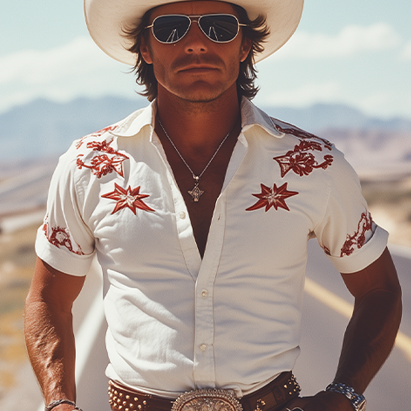 Men's Spring And Summer Fashion Retro Western Cowboy Style Cotton Blended Embroidery Slim Fit Short Sleeve Shirt MTA1209E3K
