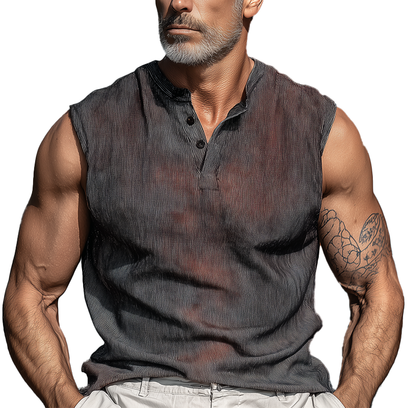 Men's Summer Retro Gradient Print Cotton Blend Henley Collar Tank Top MTA1075G6P