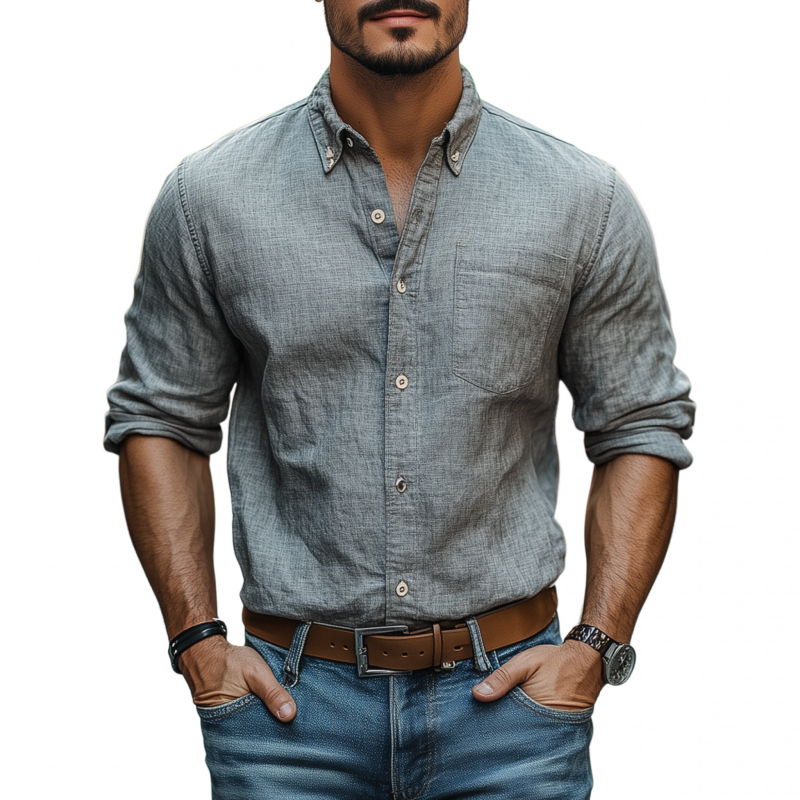 Men's Casual Breathable Cotton Linen Lapel Patch Pocket Slim Fit Long Sleeve Shirt MTA0349G3M