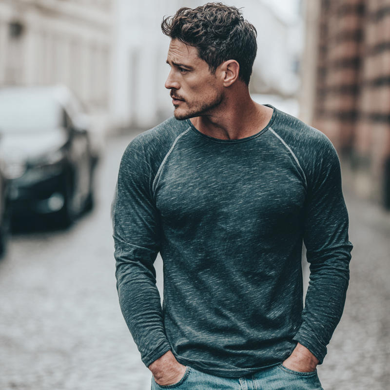 Men's Cotton Blend Long-sleeved Crew Neck T-shirt MTA0723H5X