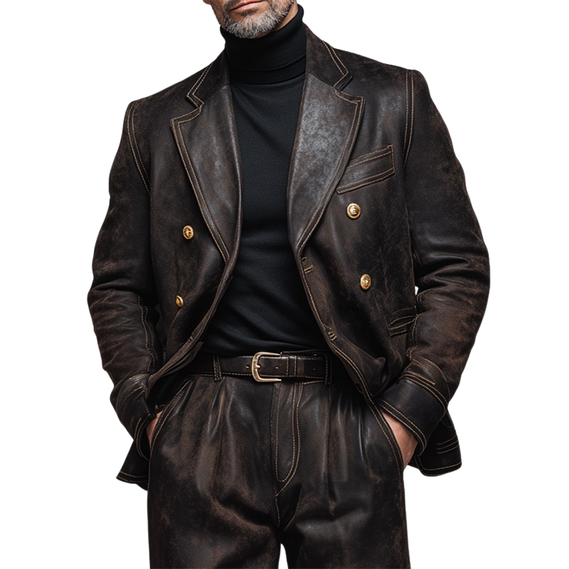 Men's Vintage Casual Distressed Leather Blazer  MTA2651H7TO