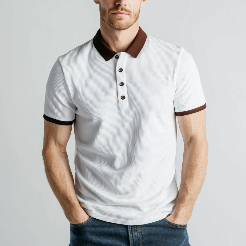 Men's Casual Cotton Blend Colorblock Ribbed Lapel Slim Fit Short Sleeve Polo Shirt MTA2367G9M