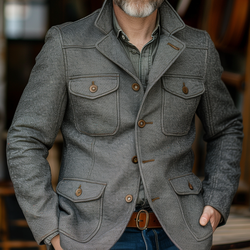 Men's Vintage Wool Blend Notch Lapel Single-breasted Multi-pocket Slim-fit Safari Jacket MTA1494H8M